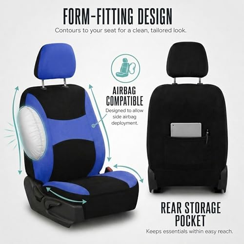 FH Group Full Set Cloth Car Seat Covers , Universal Fit Combo Set with Steering Wheel Cover and Seat Belt Pad for Cars, SUVs and Trucks, Blue - color: Blue/Black