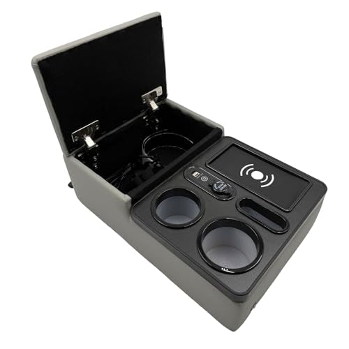 Car Armrest Box with Cup & Phone Holders, USB Port, Truck Center Console Organizer or Bench Seat Console (Gray)