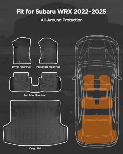 DrCarNow All-Weather Car Floor Mats Compatible with Subaru WRX 2022 2023 2024 2025 2026 Trunk Liner, Anti-Slip TPE Waterproof Heavy-Duty Black Full-Season Protection