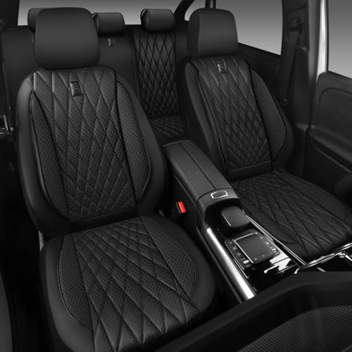 CAR PASS Thick Foam 3D Mesh Leather Car Seat Covers Full Set, Luxury Breathable Premuim Faux Leather Automotive Seat Covers, Airbag Compatible Universal Fit for Most Sedan Van Truck SUV, Pure Black - color: Black Foam Mesh, size: Full Set