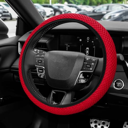 Elastic Stretch Steering Wheel Cover, Steering Wheel Protector, 15 Inch Anti-Slip Breathable Microfiber Ice Silk Protection, Easy Carry, Warm in Winter & Cool in Summer for Cars (Red) - color: Red