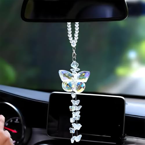 Crystal Glass Butterfly Rearview Mirror Hanging Pendant- Bling Car Rear View Mirror Charm with Butterflies Tassel Bead- Lucky Presents Auto Interior Decoration Accessories for Cars (Butterfly) - color: Butterfly