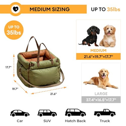 FUNNYFUZZY Luxury Dog Car Seat for Small Medium Dogs Under 35 lbs, Waterproof Leather Pet Booster Seat with Safety Leash & Anti-Slip Base, Fully Padded Dog Car Bed, Portable Puppy Carrier(Green)