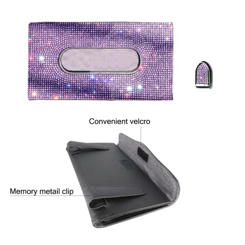 Car Visor Tissue Holder, Sparkling PU Leather Mask Box, Bling Crystals Cover Case & Glitter Mask Hook Clip for Women (Purple)