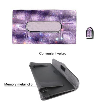 Car Visor Tissue Holder, Sparkling PU Leather Mask Box, Bling Crystals Cover Case & Glitter Mask Hook Clip for Women (Purple)