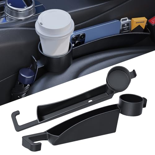2 Pack Universal Dual Car Seat Gap Filler with Cup Holder, Car Gap Plug Seat Fillers with Cup Holders Odorless Black-Carbon Fiber Texture for Cars SUV Trucks, Console Side Gap Organizer Storage - color: Black-2PCS with Cup Holder & Hook
