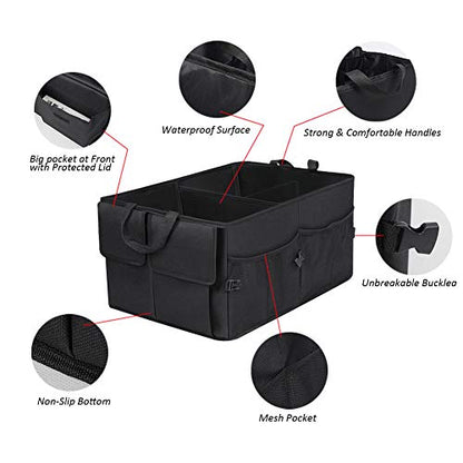 Car Trunk Backseat Organizer for SUV, 8 Pocket Waterproof, Dust-proof, Sturdy Foldable Cargo Net Storage for More Trunk Space with Adjustable Straps, Black