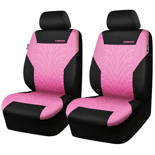 CAR PASS Car Seat Covers Two Front Only for Car, 3D Tyre Print Automotive Interior Covers, Airbag Compatible, Quick Setup Universal Fit Seat Covers for Car, Truck, SUV(Black and Pink) - color: Pink and Black, size: Two Front
