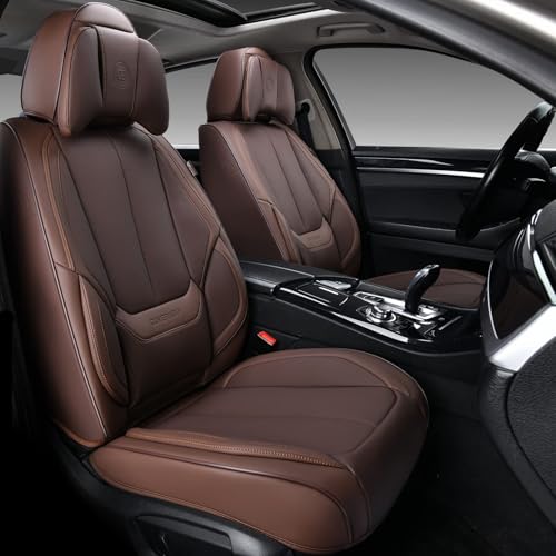 Coverado Front and Back Seat Covers, 5 Pieces Waterproof Nappa Leather Auto Seat Protectors Full Set with Head Pillow, Universal Car Accessories Fit for Most Sedans SUV Pick-up Truck, Brown