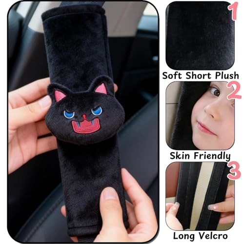 2 PCS Seat Belt Cover Pad, Cute Kawaii Animal Cat Seatbelt Covers for Kids, Soft Seatbelt Cushion, Car Seat Strap Pads (A-Black)