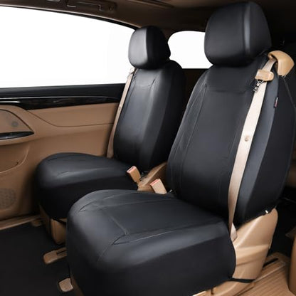 Flying Banner car seat Covers Quality Carbon Fiber Air Mesh Fabric Sport Low High Back Bucket Back Pocket Arm Rest (2 Fronts-Low Bucket-Built-in Seatbelt Compatible, Black - Faux Leather) - color: Black - Faux Leather -- Built-in Seatbelt Compatible, size