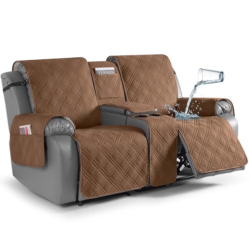 TAOCOCO Loveseat Recliner Cover with Center Console, 100% Waterproof Pet Covers for Dual Recliner with Straps Design, Split Reclining Loveseat Cover Furniture Pet&Kids Protector (2 Seater, Brown) - color: Brown, size: 2 Seater