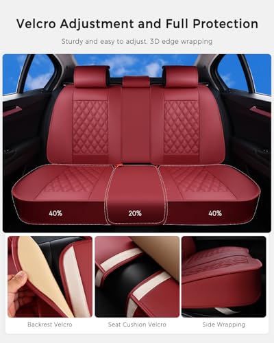 Huidasource Rear Car Seat Cover, Nappa Leather Rear Seat Cover Velcro Adjustable, Compatible with Seat Belts, Child Safety Seats, Universal Fit for Most Cars SUVs Trucks (Back Row/Red) - color: 01R# Red, size: Back Seat Cover