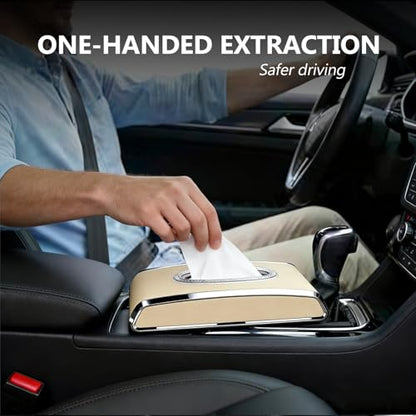 Faux Leather Car Tissue Holder for Interior, Multi-Function Tissue Box, Armrest & Back Seat Tissue Organizer, Sleek Kleenex Holder (Beige Flat)