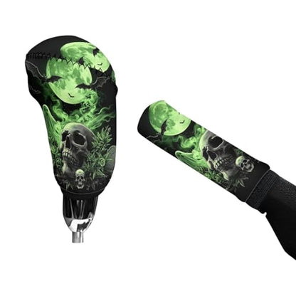 2Pcs Car Gear Shift Cover and Handbrake Covers Set, Skull Leaf Printed Non Slip Car Handbrake Cover, Soft Stretch Gear Shift Covers for Cars, Universal Fits for Most Cars SUV Truck Sedan - color: Green and Black - Skull Leaf