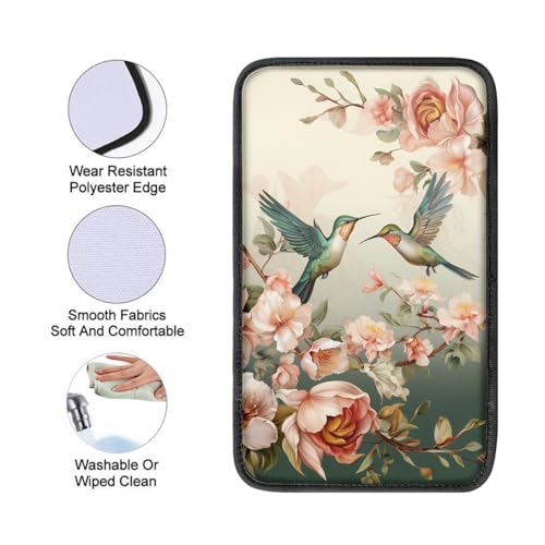 UNICEU Spring Flower Hummingbird Car Center Console Armrest Cushion Cover Universal Fit Non Slip Armrest Box Cushion Pad Armrest Cover - color: Spring Flower Hummingbird