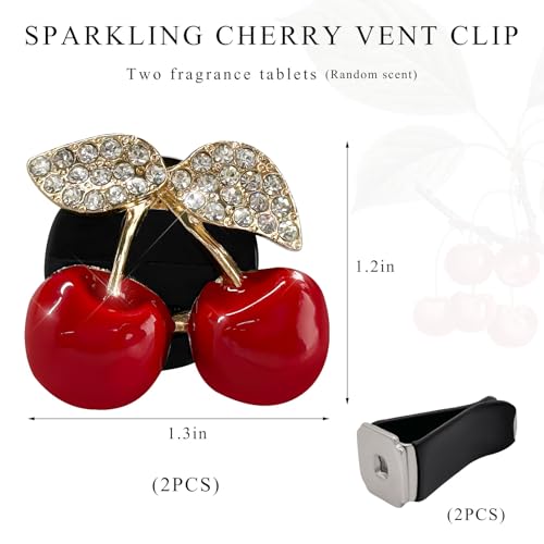 2PCS Cherry Car Air Vent Freshener Perfume Clip, Rhinestone Vehicle A/C Outlet Clips Bling Charm with Scented Pads, Sparkly Diamond Vent Clamp Cute Cherry Decoration for Women