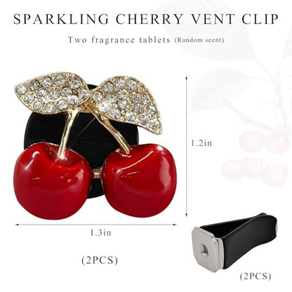 2PCS Cherry Car Air Vent Freshener Perfume Clip, Rhinestone Vehicle A/C Outlet Clips Bling Charm with Scented Pads, Sparkly Diamond Vent Clamp Cute Cherry Decoration for Women
