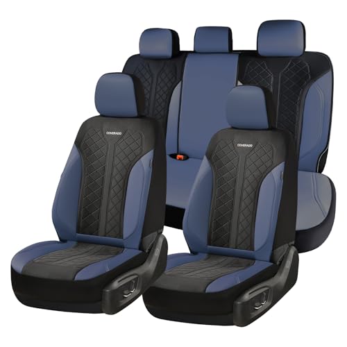 Coverado Car Seat Covers Full Set, Leather Seat Covers, Waterproof Automotive Protectors 5-Seat, Luxury Universal Fit Seat Covers for SUV, Truck, Sedan and Most Vehicles All-Weather - color: A-Bule&Black, size: FullSet