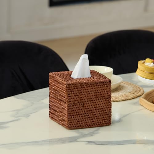 2 Pack Square Rattan Tissue Box Cover, Hand Woven Wicker Tissue Holder, 5.5 x 5.5 X 5.7 inches, Brown - color: Honey Brown, size: Square (5.7"H) (Set of 2)