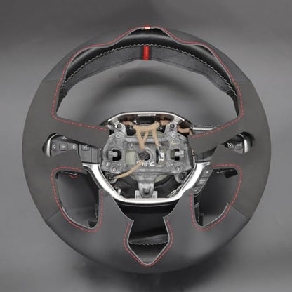 MEWANT DIY Hand Stitch Black Suede Genuine Leather Steering Wheel Cover for Dodge Ram Laramie Big Horn 1500 2019-2021 - color: Black Suede&Genuine Leather&Red Stripe&Red Thread