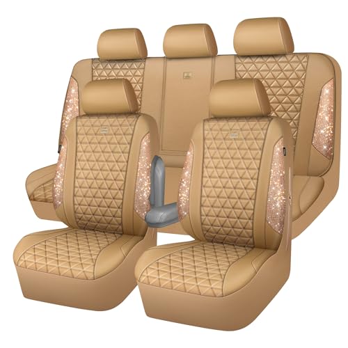 CAR PASS Bling Diamond Beige Leather Car Seat Covers Full Sets Interior Set, Waterproof Shining Glitter Sparkly Crystal Universal Armrest Fit for Automotive Truck SUV Cute Women Girl, Beige Rhinestone - color: Beige Rhinestone, size: Full Set
