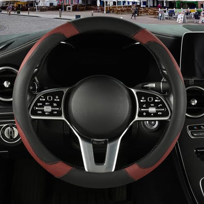 Microfiber Leather Steering Wheel Cover, Breathable, Anti Slip, 13.5 inch to 14 inch, Black with Burgundy - color: Black Burgundy, size: Round-Small[13.5''-14'']