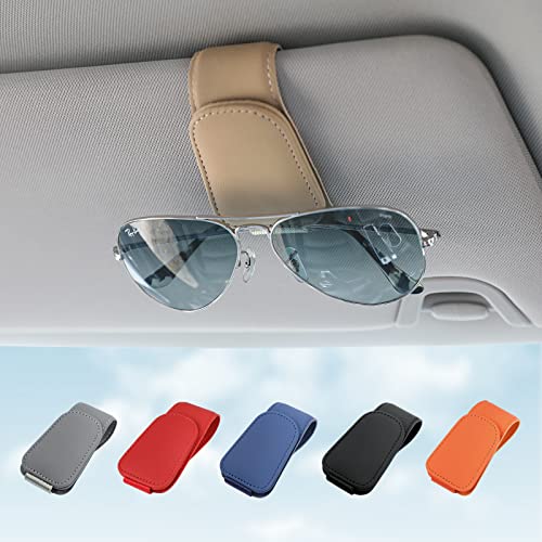 Sunglass Holder for Car Visor Sunglasses Clip Magnetic Leather Glasses Eyeglass Holder Interior Car Accessories for Woman Man - 2 Packs Beige - color: Beige