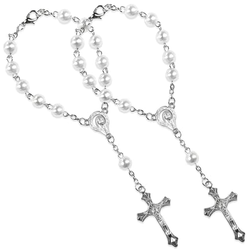 2PCS Car Rosary for Rearview Mirror, Catholic Rosary Pendant Personalized Rear View Mirror Charms, Medal & Cross Auto Hanging Ornament Decorative Accessories for Women Men (White) - color: White