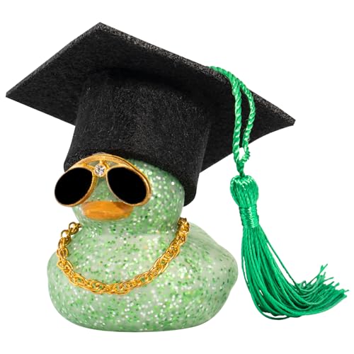 wonuu Car Dashboard Decor Graduation Hat Color Rubber Duck, Car Ducks Ornaments with Mini Graduation Hat Necklace Sunglasses (Light Green) - color: Light Green, style: Glitter