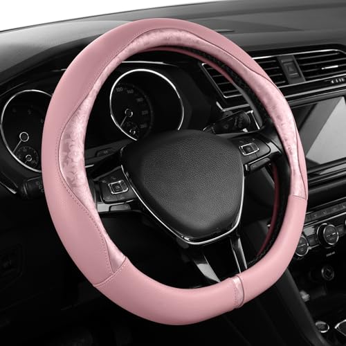 PIC AUTO Steering Wheel Cover, Pink Patterned Leather Patchwork Design, Universal Fit 14.5"–15.5" D-Shape Steering Cover, Soft PU Grain Leather, Durable Grip Car Accessory for Girls & Women - color: Fits D-Shape Pink