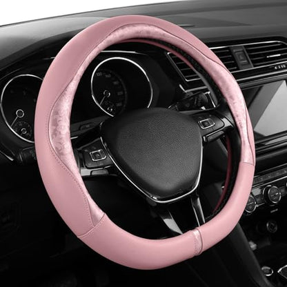 PIC AUTO Steering Wheel Cover, Pink Patterned Leather Patchwork Design, Universal Fit 14.5"–15.5" D-Shape Steering Cover, Soft PU Grain Leather, Durable Grip Car Accessory for Girls & Women - color: Fits D-Shape Pink