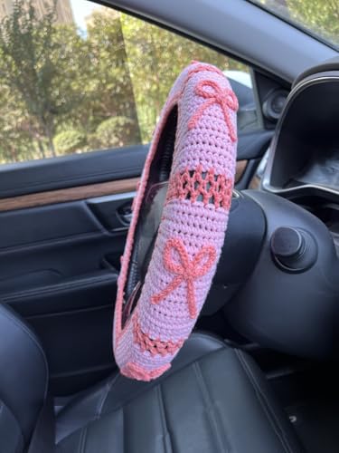 Handmade Crochet Pink Bow Car Steering Wheel Covers Universal 14-15 inch,Cute Steering Wheel Cover,Car Accessories (A,Steering Wheel Cover) - color: A,steering Wheel Cover