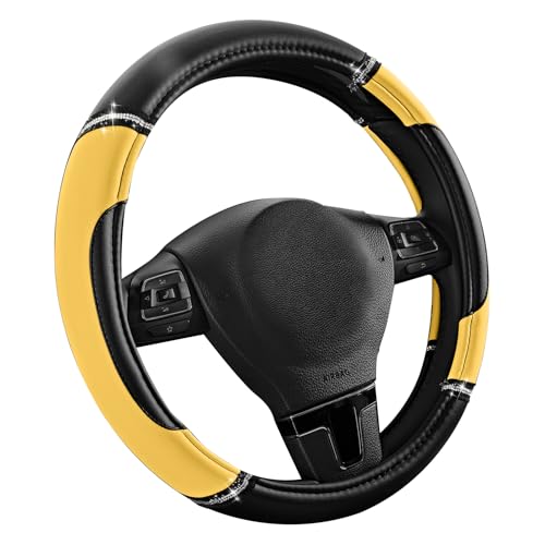 Road Comforts Leather Steering Wheel Cover - Made with PVC Leather - Anti-Slip, Universal Fit 14 1/2 inches to 15 inches - Yellow - color: Yellow