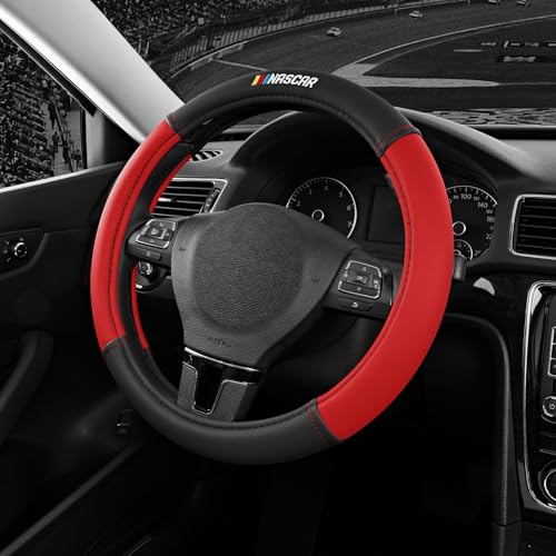 NASCAR Steering Wheel Cover, Two-Tone Red Leather Patchwork, Universal Fit 14.5"-15.5" Steering Covers for Cars, Anti-Slip, Soft Grip, Odor-Free, Trucks & SUVs, Racing Style Interior Upgrade - color: Red