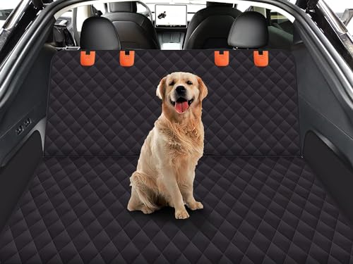 GXT Dog Back Seat Cover Protector for Cars SUV and Trucks with Mesh Window, Scratchproof Nonslip and Waterproof Material - color: Black/Orange, style: Seat Cover and Dog Seat Belt