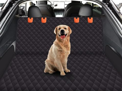 GXT Dog Back Seat Cover Protector for Cars SUV and Trucks with Mesh Window, Scratchproof Nonslip and Waterproof Material - color: Black/Orange, style: Seat Cover and Dog Seat Belt