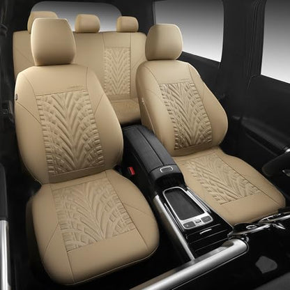 CAR PASS Neoprene Waterproof Seat Covers Full Sets, Wetsuit Car Seat Covers 5 Seats Universal Fit for Vans, Truck, SUV, 3D Tyre Embossed Seat Covers Anti Slip with Armrests, Aibag Compatible All Beige - color: all Beige Neoprene, size: Full sets