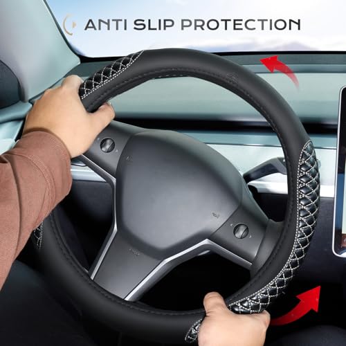 Coverado Car Steering Wheel Cover, Nappa Leather Black & Grayline Steering Wheel Covers, Universal 14-15 inch, Anti-Slip, Breathable Steering Wheel Protector for Women Men - color: C-Greyline