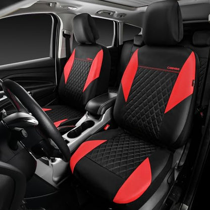CAR PASS Red Leather Seat Covers Full Set-Universal Quilting Pretty Girly Car Seat Cover with 5mm Composite Sponge Inside,Airbag Compatible, Waterproof Delux Fit for Most Sedan,SUV,Cars (Full Set,Red) - color: Black and Red, size: Full Set (Front and Rear