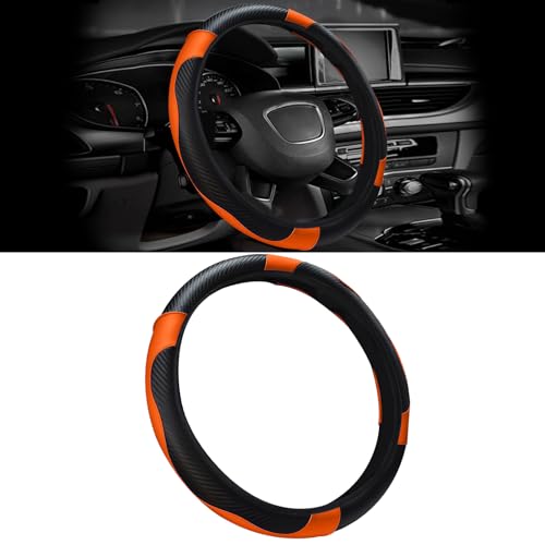 Car Steering Wheel Cover, 15 inch Carbon Fiber Microfiber PU Leather Elastic Steering Wheel Protector for Unisex, Anti-Slip Breathable Car Interior Accessories for Most Cars (Orange) - color: Orange
