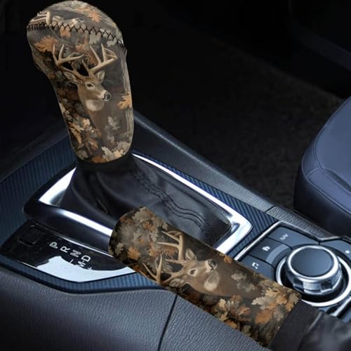 Horeset Hunting Forest Deer Car Gear Shift Knob and Hand Brake Covers, Gear Shift Knob Cover Cars Protect Accessories, Auto Hand Brake Comfortable Handle Grip Cover Universal for Most Cars - color: Hunting Forest Deer