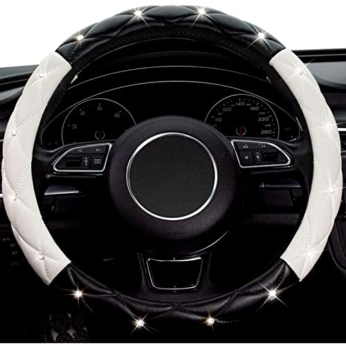 Black White Steering Wheel Cover, Anti-Slip Steering Wheel Protector with Crystal Rhinestones, Car Steering Wheel Cover for Women and Girl Fit 14.5-15 inch - color: Black+White