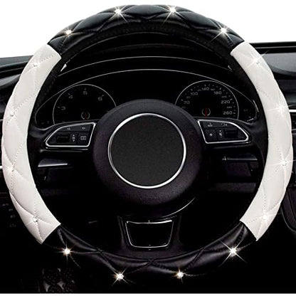 Black White Steering Wheel Cover, Anti-Slip Steering Wheel Protector with Crystal Rhinestones, Car Steering Wheel Cover for Women and Girl Fit 14.5-15 inch - color: Black+White