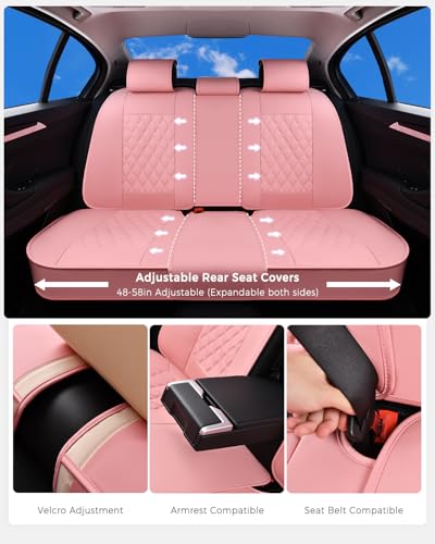 Huidasource Pink Rear Seat Covers, Nappa Leather Back Seat Covers Velcro Adjustable, Compatible with Seat Belts, Child Safety Seats, Fit for Most Cars SUVs Trucks (Back Row/Pink) - color: 01R# Pink, size: Back Seat Cover