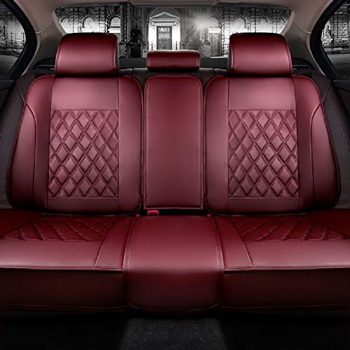 Skysep Red Wine Full Set Universal Fit 5 Seats Car Surrounded Solid Color Waterproof Leather Car Seat Covers Protector Adjustable Removable Auto Seat Cushions with 2 Waist Pillows 2 Headrest Pillows