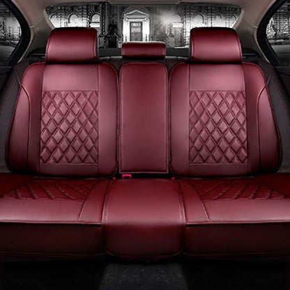 Skysep Red Wine Full Set Universal Fit 5 Seats Car Surrounded Solid Color Waterproof Leather Car Seat Covers Protector Adjustable Removable Auto Seat Cushions with 2 Waist Pillows 2 Headrest Pillows