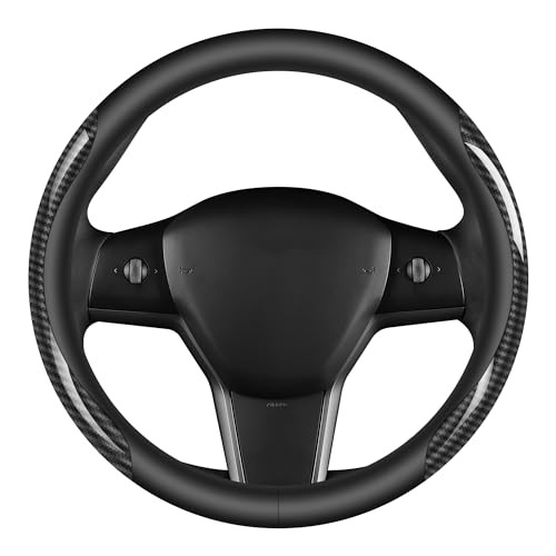 Nappa Leather car Steering Wheel Cover,Carbon Fiber Sports car Interior Non-Slip Ultrathin 15 inches Universal (Black) - color: BLACK