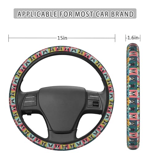 Boston Terrier Pattern Steering Wheel Cover for Women Men, Non-Slip Steering Wheel Protector Car Wheel Covers, Universal 15 Inch Fit for Auto, Suvs, Truck - color: Boston Terrier Pattern