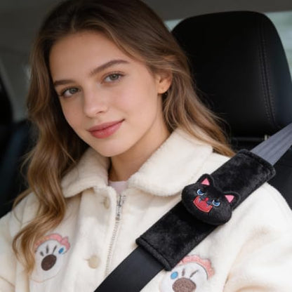 2 PCS Seat Belt Cover Pad, Cute Kawaii Animal Cat Seatbelt Covers for Kids, Soft Seatbelt Cushion, Car Seat Strap Pads (A-Black)